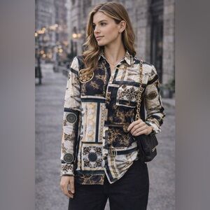 GUESS Baroque Chain Print Button Up Shirt Medium Y2K Luxe Streetwear